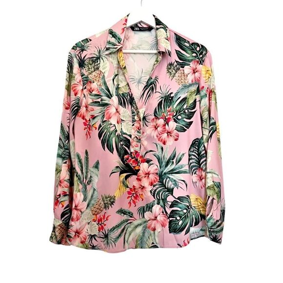 Zara Pink Lapel Tropical Rainforest Print Long Sleeve Blouse size Medium - Picture 2 of 9